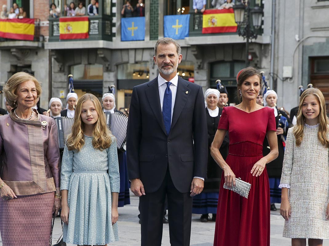 Spanish King Felipe VI and Queen Letizia Ortiz with daughters Princess of Asturias Leonor de Borbon and Sofia de Borbon next to Emeritus Queen Sofia of Greece arriving to Princess of Asturias Awards 2019 in Oviedo, on Friday 18 October 2019.